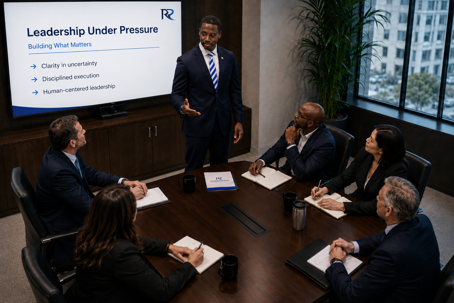 Robert S. Rivers speaking to an executive board